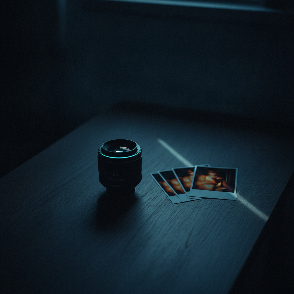 Moodboard: dunkler fotografischer Arbeitsplatz zur blauen Stunde